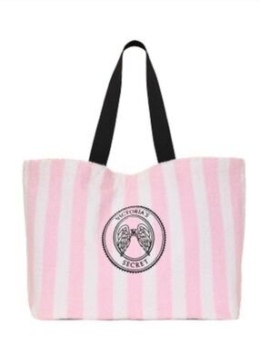 Victoria's Secret Pink & White Stripe Terry Cloth Tote Bag